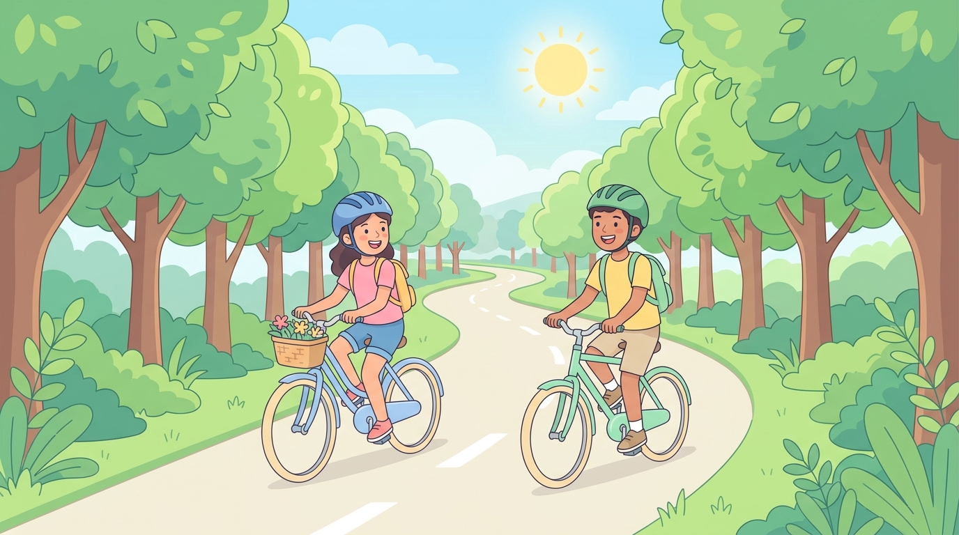Karim et Yara à vélo, souriant, avec le soleil et des arbres verts autour d'eux